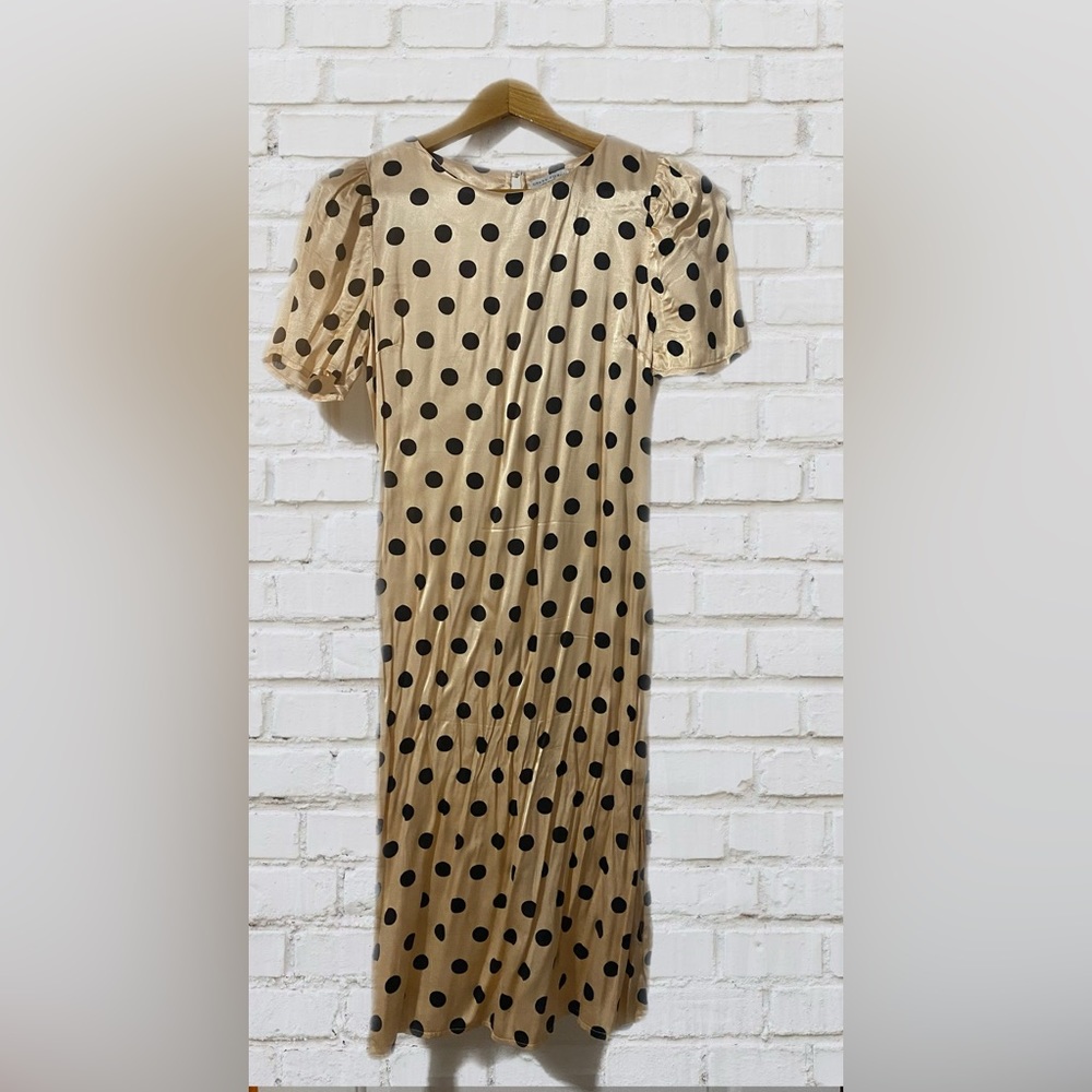 VICI Satin gold/black polka dot midi dress. Side slit. Size Small